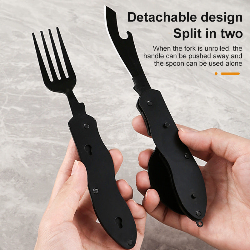 Vajilla de camping multifuncional de acero inoxidable, cuchillo, tenedor y cuchara, herramientas portátiles de supervivencia para comer al aire libre. 