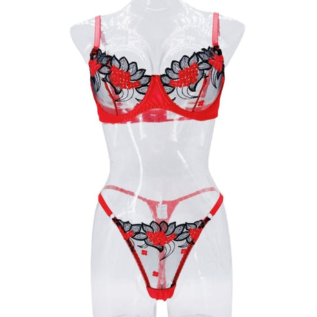 Underwear three-point sexy mesh embroidery perspective fun lingerie set women's T-pants temptation - V.I.P Digital Presence