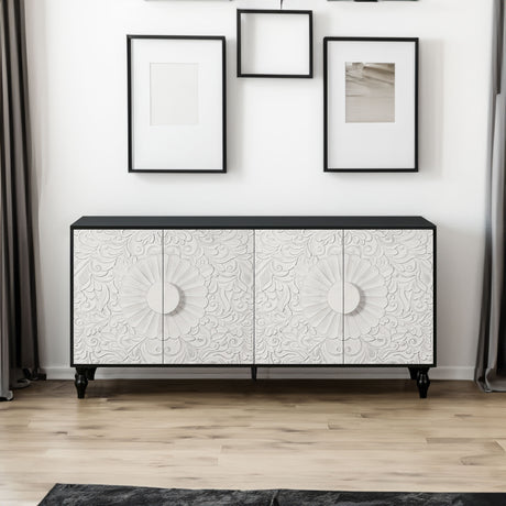 Vintage White Large Faceted Carved And Spliced Doors Combined With Black Frames For TV Stand Table,Sideboards, Accent Cabinets - V.I.P Digital Presence