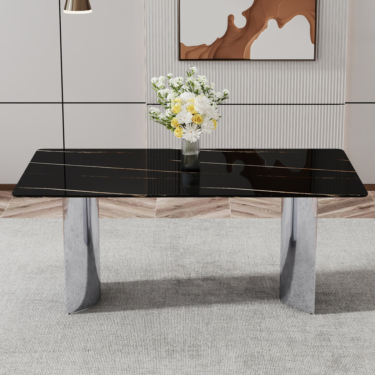 Modern minimalist dining table The black imitation marble glass desktop is equipped with silver metal legs - V.I.P Digital Presence