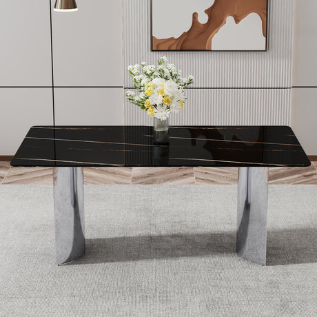Modern minimalist dining table The black imitation marble glass desktop is equipped with silver metal legs - V.I.P Digital Presence