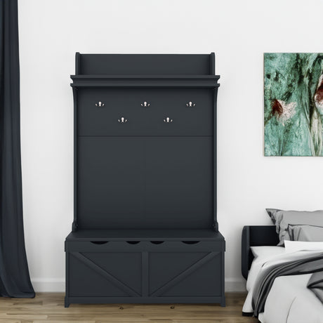 Hall tree with storage desk, entrance desk with drawers and 5 hooks, display rack, dark blue - V.I.P Digital Presence