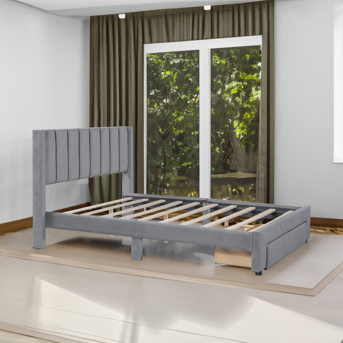 Full Size Storage Bed Velvet Upholstered Platform Bed with a Big Drawer - Gray - V.I.P Digital Presence