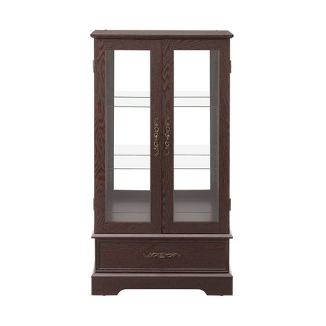 Light colored glass cabinet with adjustable glass frame Curio display cabinet, 2 doors and 1 drawer light bulb cherry color - V.I.P Digital Presence