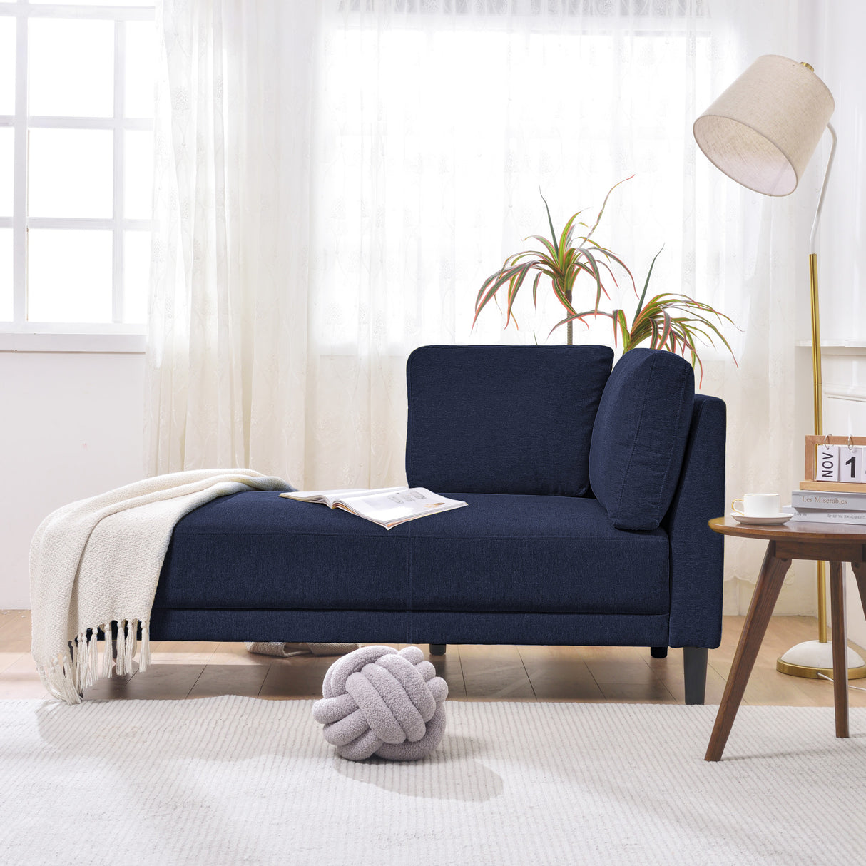 65" Mid-Century Modern Linen Fabric Corner Lounge Chair, Upholstered Indoor Chaise Lounge Solid Wood Sofa Bed for Bedroom - V.I.P Digital Presence