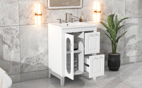 24" Bathroom Vanity with Sink, Bathroom Vanity Cabinet with Two Drawers and Door, Adjustable Shelf, Solid Wood and MDF, White - V.I.P Digital Presence