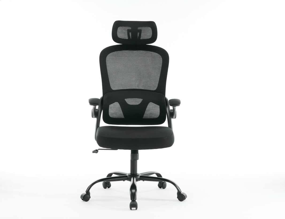 High backrest mesh office chair with 3D armrests, rotating computer task chair with adjustable 2D headrest, tilt function black - V.I.P Digital Presence