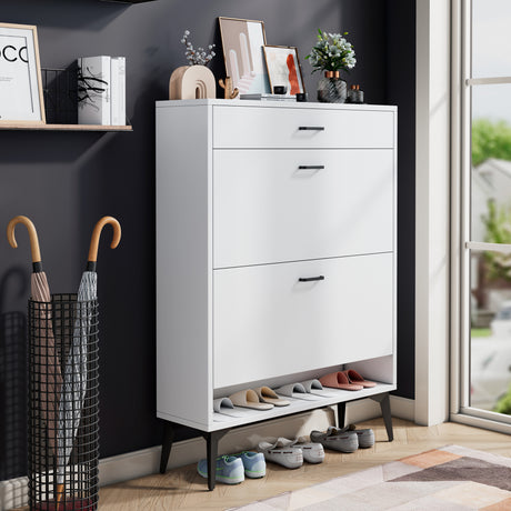 Shoe Cabinet , Shoe storage shelves, metal leg, White - V.I.P Digital Presence