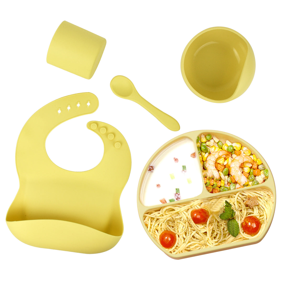Juego de vajilla de silicona para niños, vajilla de alimentación complementaria para bebés, con bolsillo para saliva, ventosa, tazón, cuchara, plato de cena, babero, juego de 5 piezas