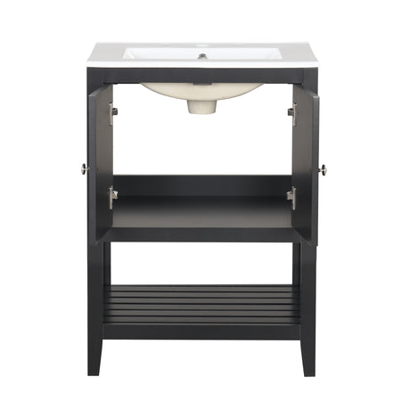 24" Black Modern Sleek Bathroom Vanity Elegant Ceramic Sink with Solid Wood Frame Open Style Shelf - V.I.P Digital Presence
