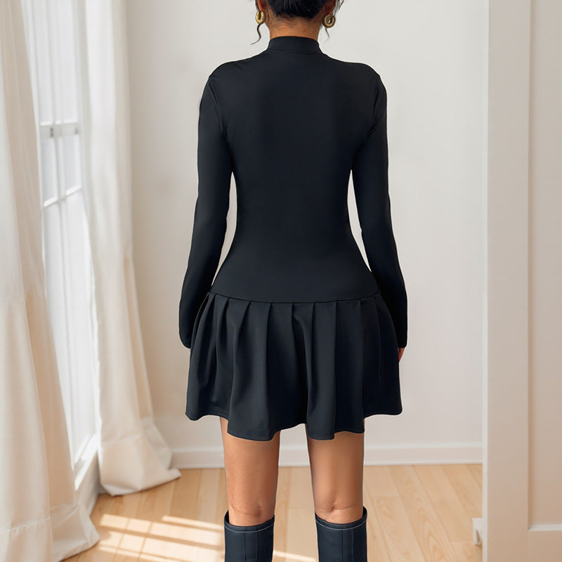 Bowknot Button Decorated Stand Collar Long Sleeve Dress - V.I.P Digital Presence