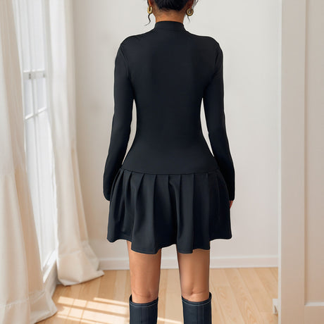 Bowknot Button Decorated Stand Collar Long Sleeve Dress - V.I.P Digital Presence