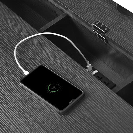 70 inch classic and traditional executive desk with metal trim, writing desk with 2 file drawers, USB ports, and sockets, black - V.I.P Digital Presence