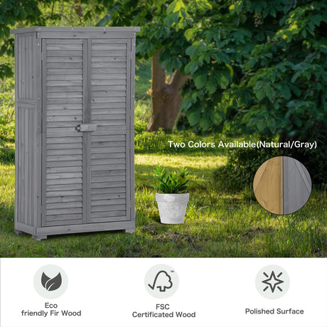 Wooden Garden Shed 3-tier Patio Storage Cabinet Outdoor Organizer Wooden Lockers with Fir Wood (Gray Wood Color -Shutter Design) - V.I.P Digital Presence