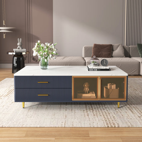 Modern Navy Blue Coffee Table with 2 Glass Door Storage, 4 Drawers, Gold Metal Legs, and Multi-Color Lighting in 47.2'' - V.I.P Digital Presence