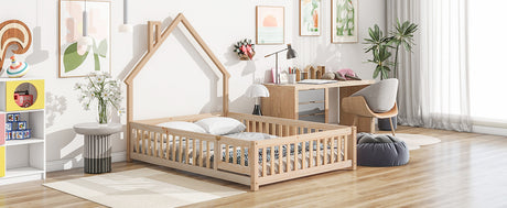 Full House-Shaped Headboard Floor Bed with Fence Natural - V.I.P Digital Presence
