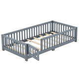 Twin Size Bed Floor Bed with Safety Guardrails and Door for Kids, Gray - V.I.P Digital Presence