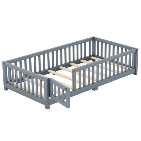 Twin Size Bed Floor Bed with Safety Guardrails and Door for Kids, Gray - V.I.P Digital Presence