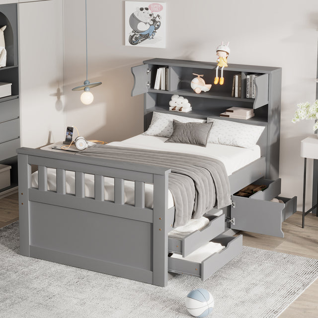 Twin Size Captain Platform Bed Frame with Storage Bookcases and Shelves,Four Drawers, Gray - V.I.P Digital Presence