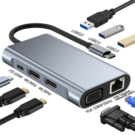 Cross border 8-in-1 docking station network card MST multi screen display suitable for Apple Huawei computer type-c docking station - V.I.P Digital Presence