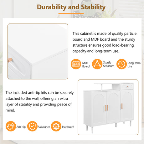 ON-TRANS Elegant Shoe Cabinet with Arched Doors and Drawers, Storage Side Panels, Adjustable Shelves and Solid Wood Legs, White - V.I.P Digital Presence