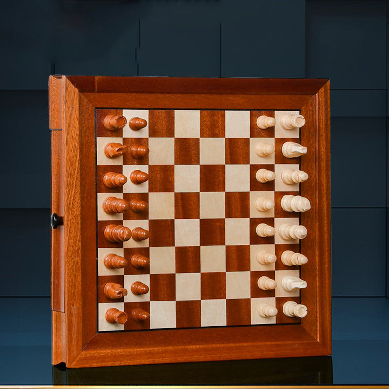 Juego de caja de ajedrez magnética con tablero de ajedrez empalmado de chapa de madera maciza estilo cajón