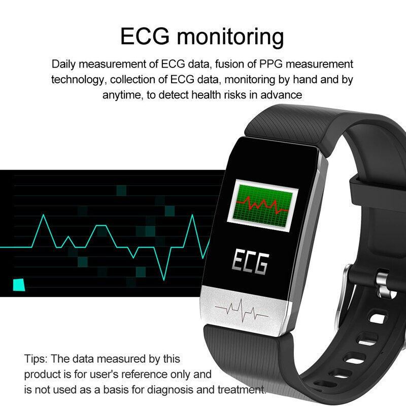 Reloj inteligente T1 con control de temperatura, inmunidad, ECG, frecuencia cardíaca, monitor de presión arterial, pronóstico del tiempo y recordatorio de bebidas. 