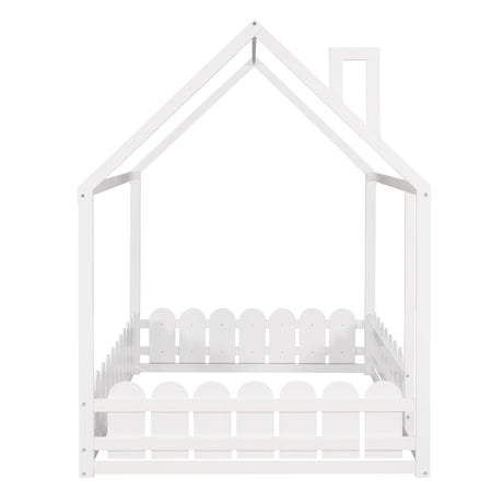 (Slats are not included) Full Size Wood Bed House Bed Frame with Fence for Kids Teens Girls Boys (White ) - V.I.P Digital Presence