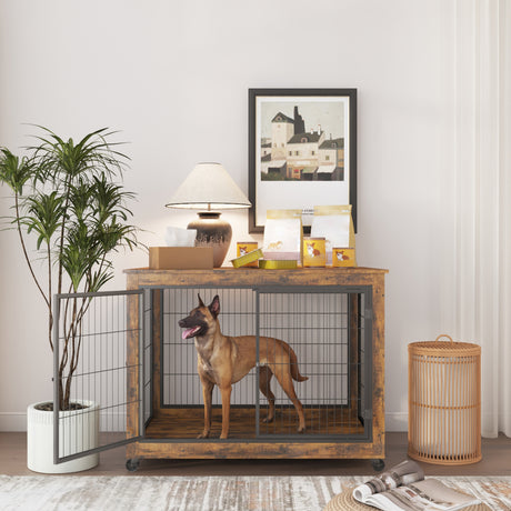 Furniture Style Dog Crate Side Table on Wheels with Double Doors and Lift Top. Rustic Brown, 43.7'' W x 30'' D x 31.1'' H. - V.I.P Digital Presence