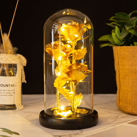 Valentine's Mother's Day Gift: Three Glass Cover Gold Foil Roses Ornament, Eternal Flower LED Night Light - V.I.P Digital Presence