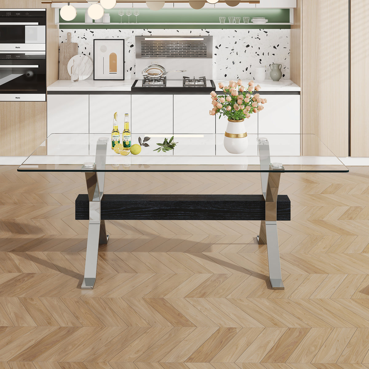 Dining table Modern tempered glass dining table Large modern office desk with silver plated metal legs and MDF crossbars - V.I.P Digital Presence