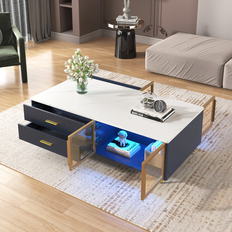 Modern Navy Blue Coffee Table with 2 Glass Door Storage, 4 Drawers, Gold Metal Legs, and Multi-Color Lighting in 47.2'' - V.I.P Digital Presence