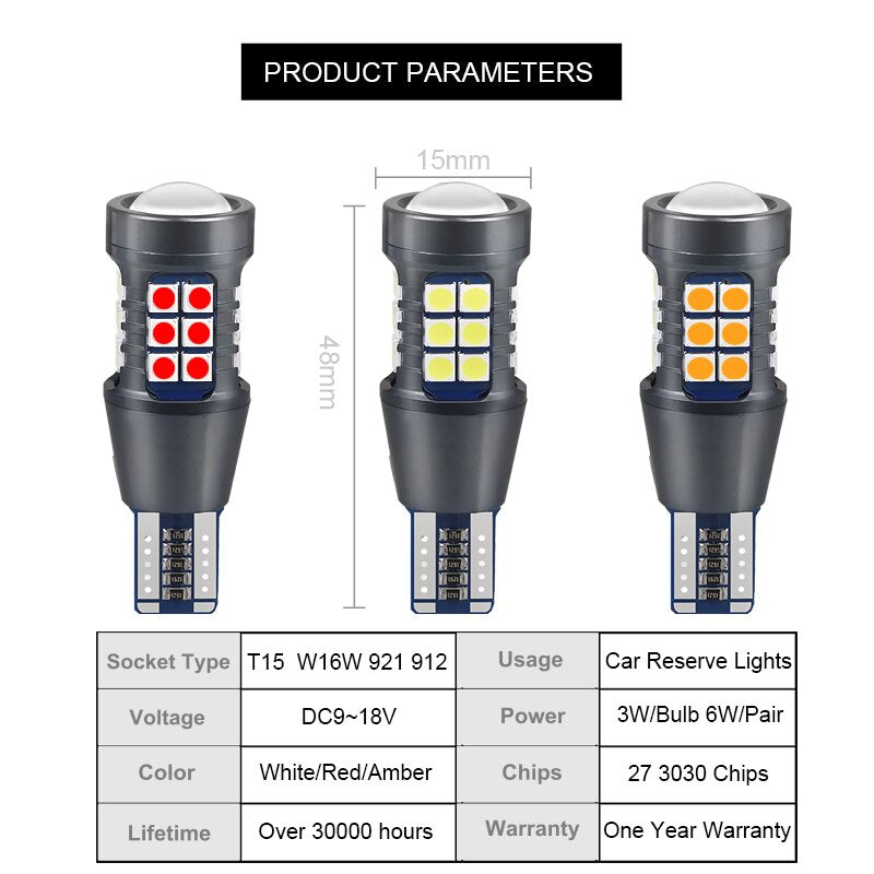 NLpearl 2x Signal Lamp W16W LED T15 921 912 Bulb Super Bright 3030 27SMD T15 Led Canbus Auto Backup Reserve Lights Tail Lamp 12V - V.I.P Digital Presence