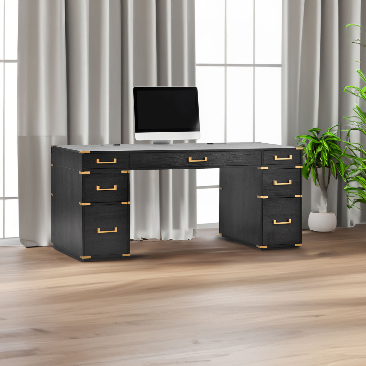 70 inch classic and traditional executive desk with metal trim, writing desk with 2 file drawers, USB ports, and sockets, black - V.I.P Digital Presence