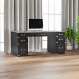 70 inch classic and traditional executive desk with metal trim, writing desk with 2 file drawers, USB ports, and sockets, black - V.I.P Digital Presence