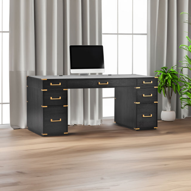 70 inch classic and traditional executive desk with metal trim, writing desk with 2 file drawers, USB ports, and sockets, black - V.I.P Digital Presence