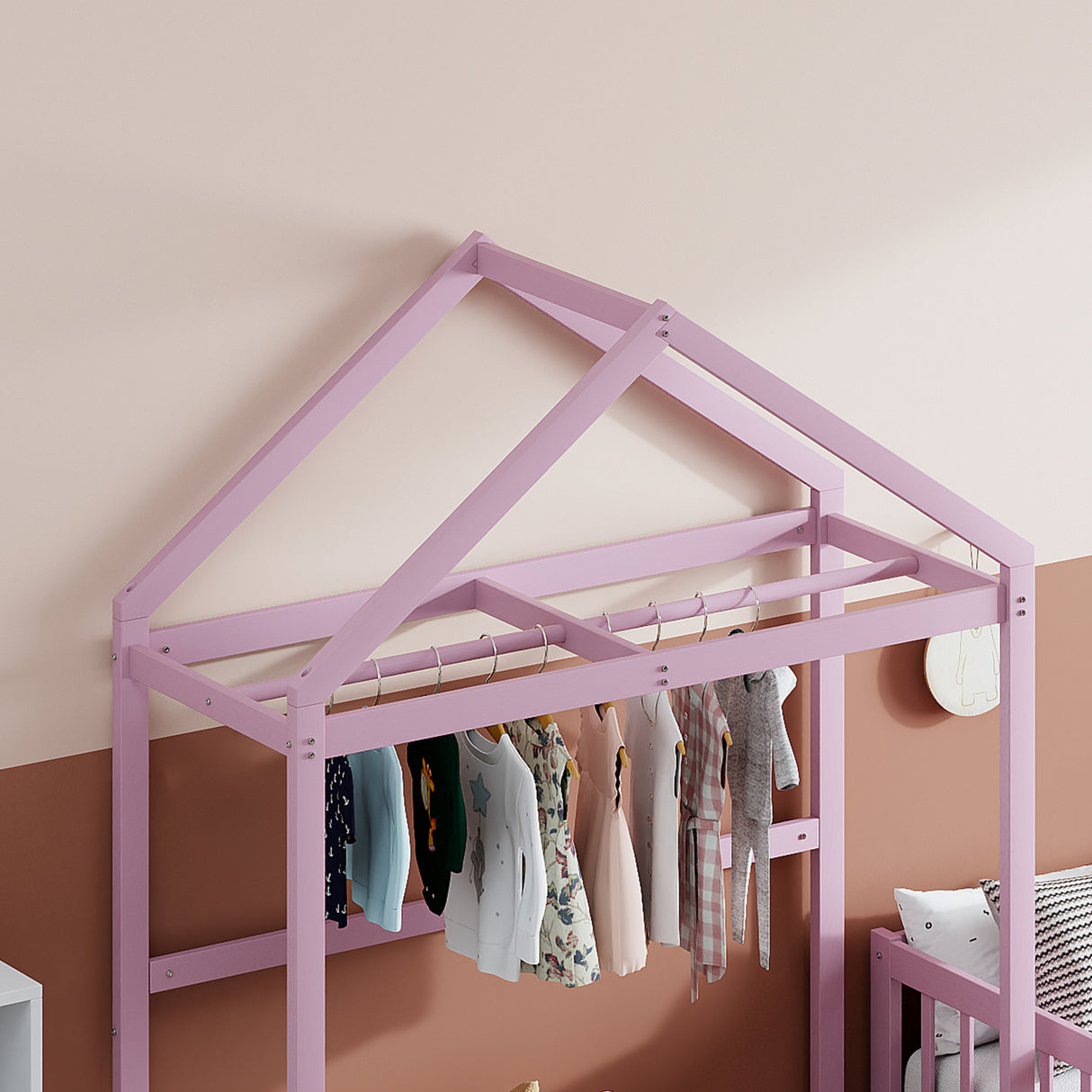 Wooden Full Size Children's Bed with Detachable Headboard and Integrated Clothes Drying Rack, Pink - V.I.P Digital Presence