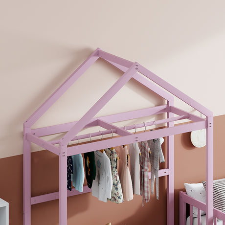 Wooden Full Size Children's Bed with Detachable Headboard and Integrated Clothes Drying Rack, Pink - V.I.P Digital Presence
