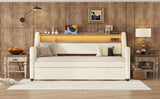 Twin Size Daybed with Trundle, Upholstered Daybed with Charging Station and LED Lights, White