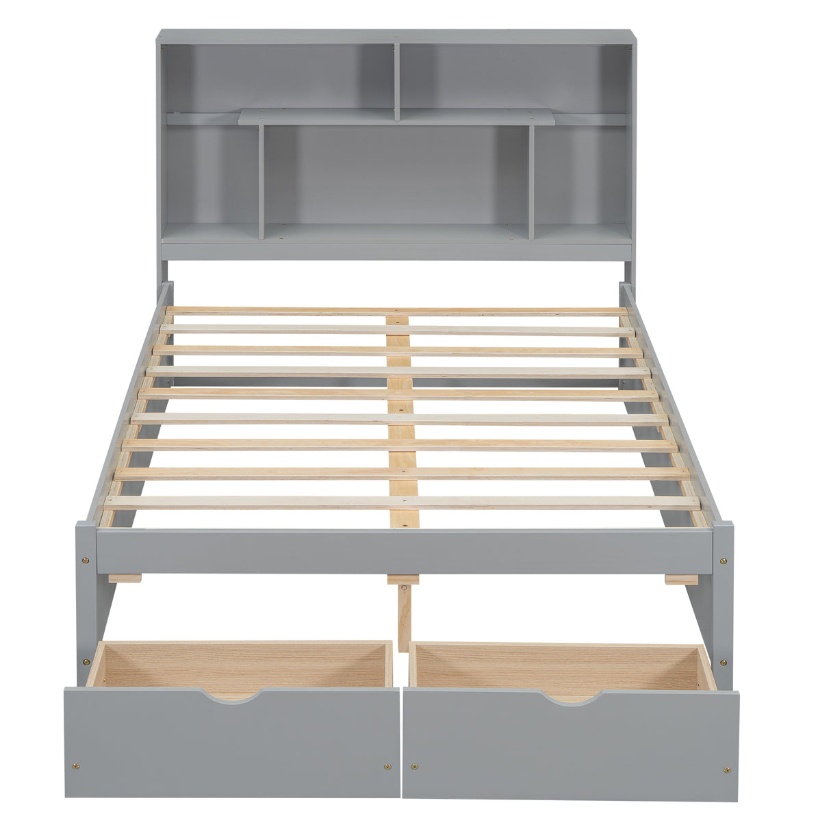 Full Size Platform Bed with Storage Headboard and 2 Drawers, Gray - V.I.P Digital Presence