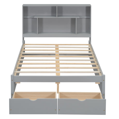 Full Size Platform Bed with Storage Headboard and 2 Drawers, Gray - V.I.P Digital Presence