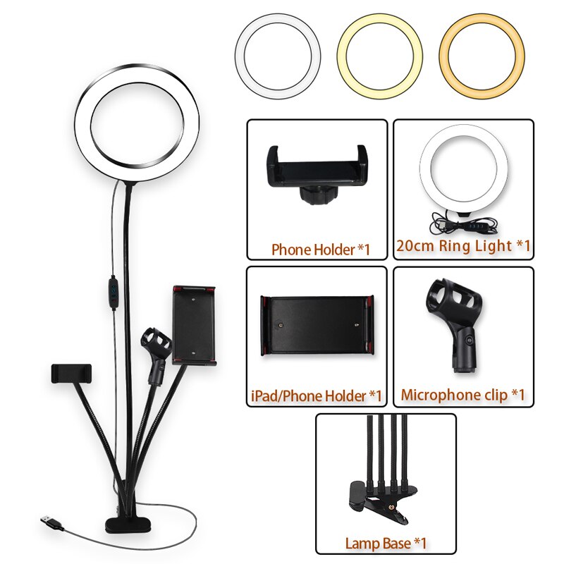 Kit de anillo de luz LED de 8 pulgadas para tutoriales de maquillaje, videos de YouTube, transmisión en vivo para iPad, micrófono, soporte para teléfono, anillo de luz de belleza para selfies.
