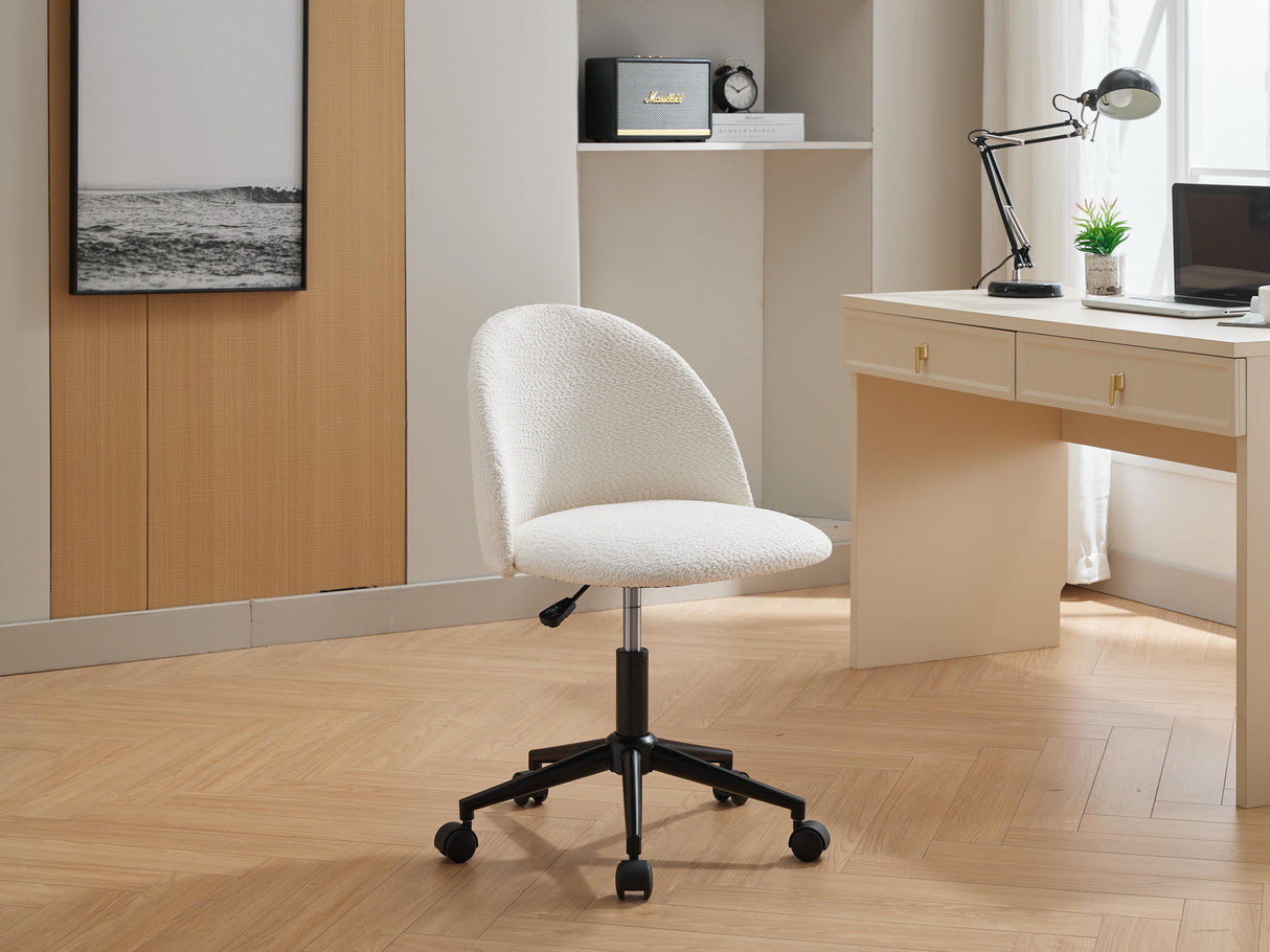 Velvet fabric office chair, mid back adjustable rotating computer chair, black legs, cushioned office chair with wheels ，White - V.I.P Digital Presence