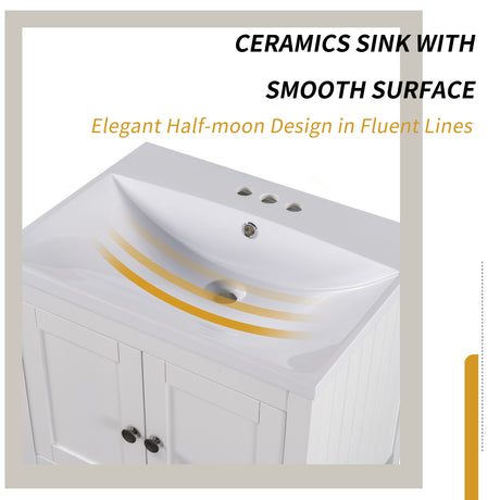 24" White Modern Sleek Bathroom Vanity Elegant Ceramic Sink with Solid Wood Frame Open Style Shelf - V.I.P Digital Presence