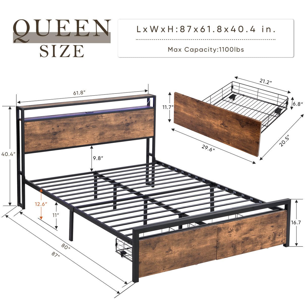 Large bed frame with storage headboard and 2 drawers, LED light bed, charging station, metal platform bed - V.I.P Digital Presence