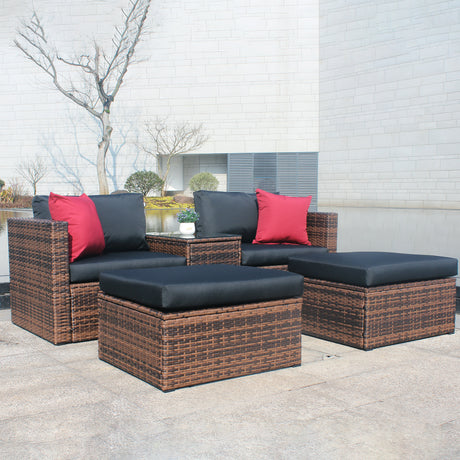 5 Pieces Outdoor Patio Garden Brown Wicker Sectional Conversation Sofa Set - V.I.P Digital Presence