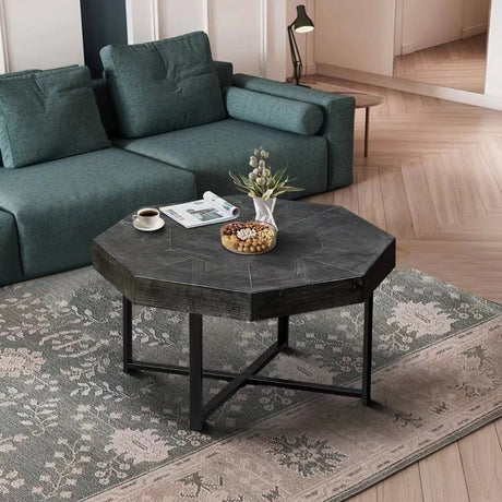 Wooden octagonal retro patchwork craft 30 inch wooden tabletop cross metal leg coffee table (Antique Black) - V.I.P Digital Presence