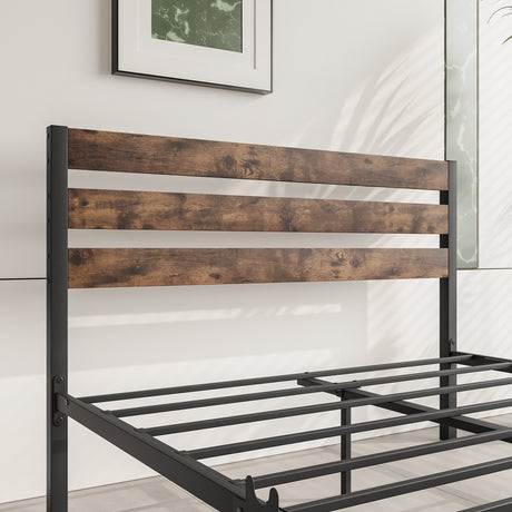 Full Size Platform Bed Frame with Rustic Vintage Wood Headboard Rustic Brown - V.I.P Digital Presence