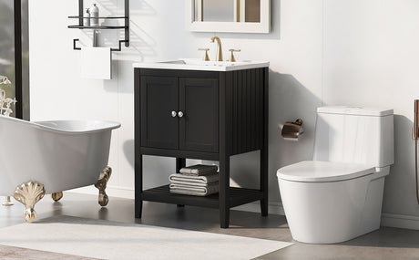 24" Black Modern Sleek Bathroom Vanity Elegant Ceramic Sink with Solid Wood Frame Open Style Shelf - V.I.P Digital Presence