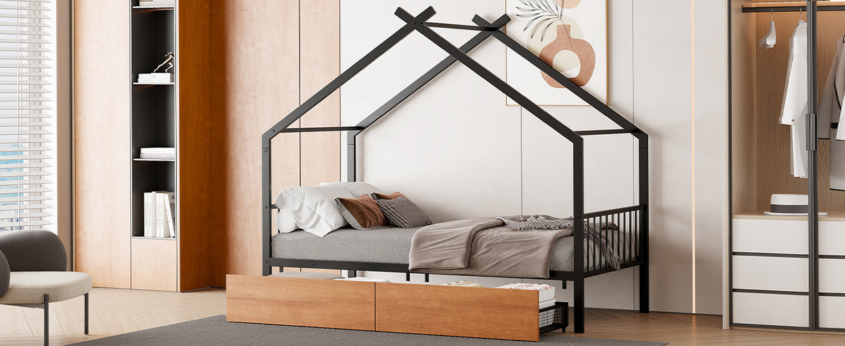 Twin Size Metal House Bed with Two Drawers, Black - V.I.P Digital Presence